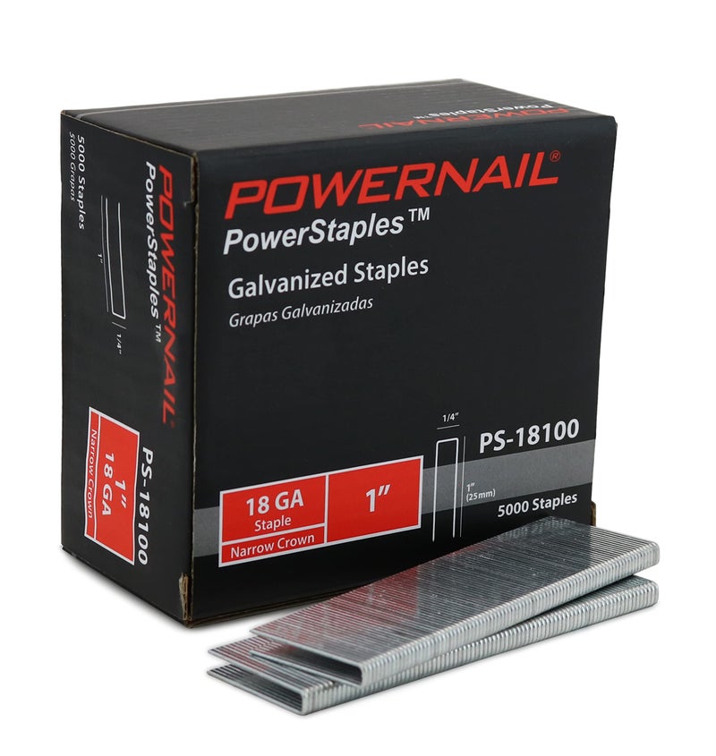 Powernail PS18100 18 Gauge 1/4 Inch Narrow Crown Staples, 1 Inch Length Heavy Duty Galvanized Chisel Point Staples for Electric or Pneumatic Narrow Crown Stapler Guns (Box of 5,000) - Image 1